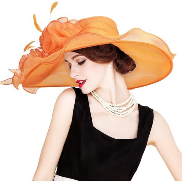 Derby Hats for Women 2023 with Headband Hairpin E3609-orange